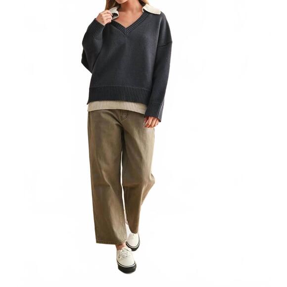 NEW MIOU MUSE color combo v-neck sweater top in navy - Picture 4 of 5